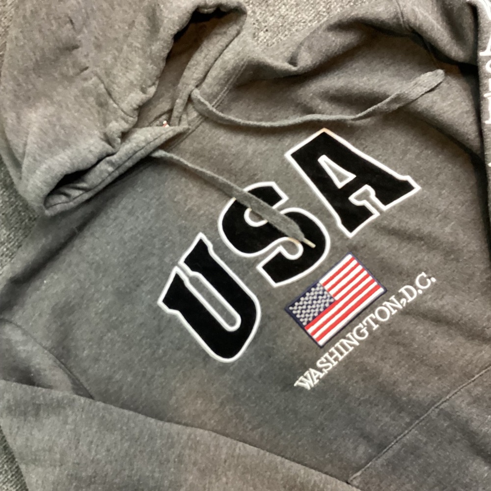 Washington DC USA Hoodie Heather Gray Souvenir Sweatshirt Med American Flag 194